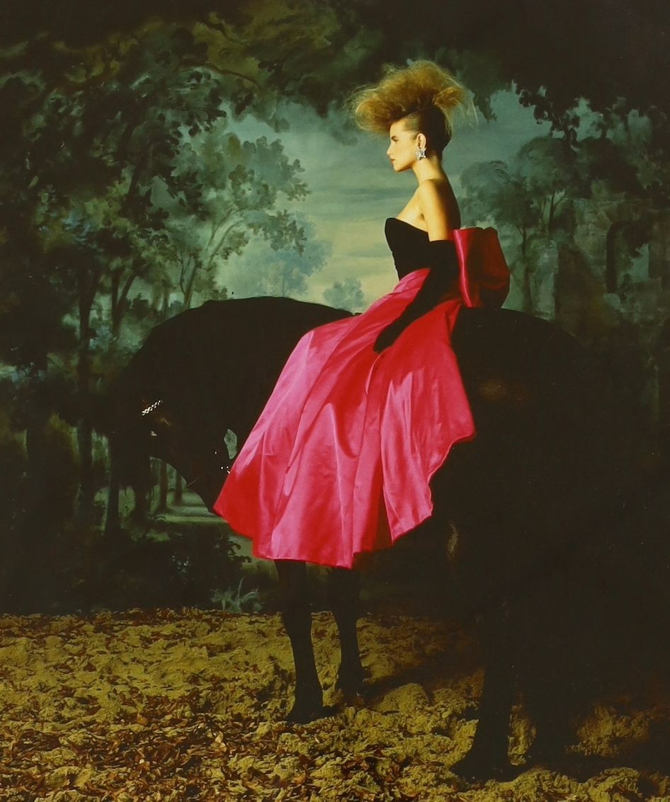 Lord Snowdon (1930 - 2017), chromogenic print, Model riding a black horse, signed, 35 x 30cm